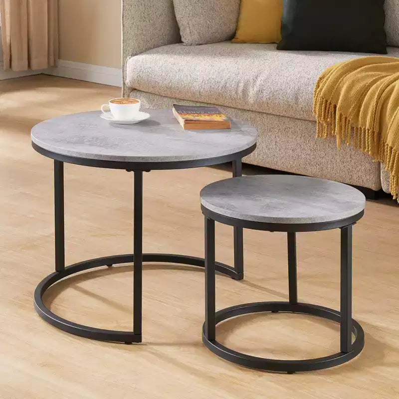 Runder Beistelltisch, 2er-Set, Akzent-Couchtisch, Betonoptik Grau, Holzmaserung, platzsparend, moderner Industriestil