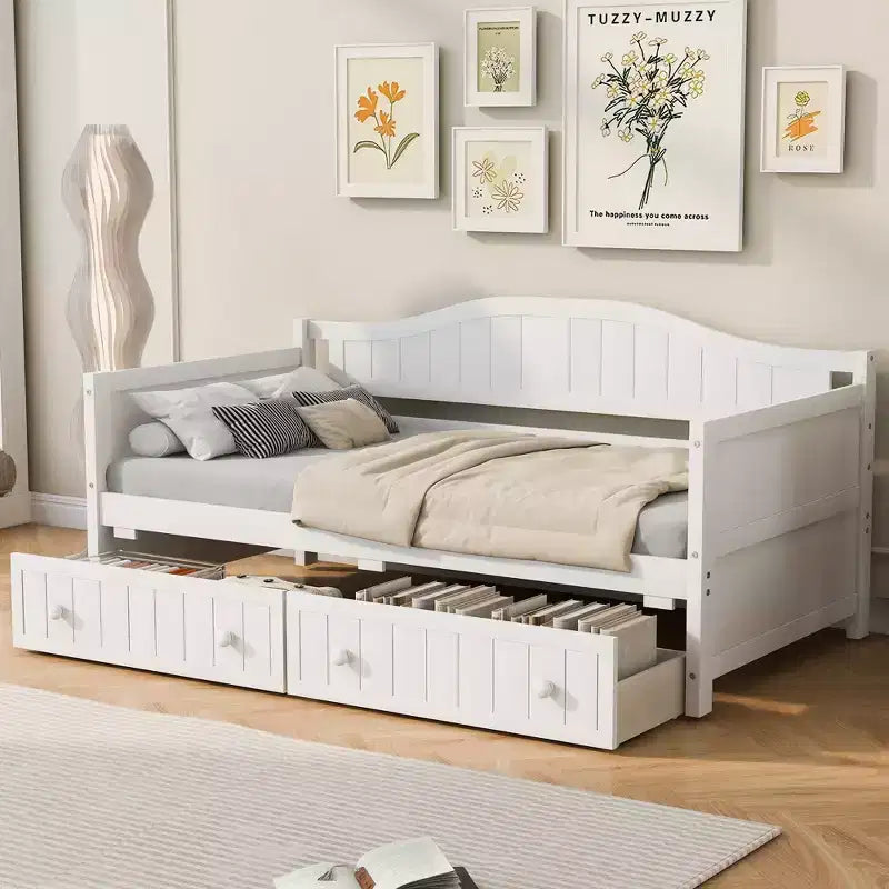 Twin-Size-Holz-Tagesbett mit 2 Schubladen, einfacher Aufbau, Weiß