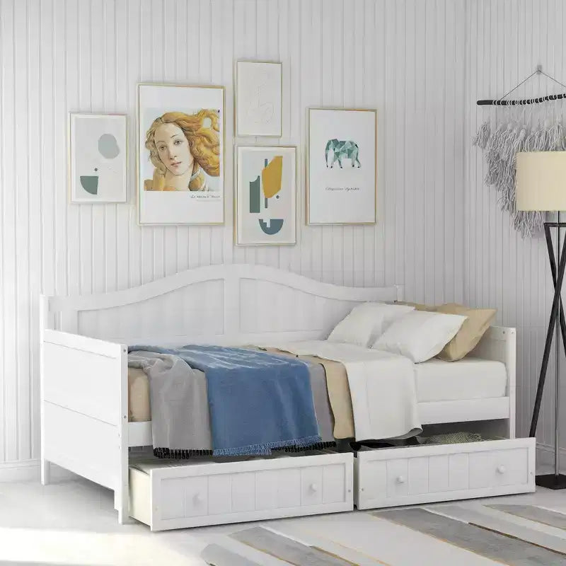 Twin-Size-Holz-Tagesbett mit 2 Schubladen, einfacher Aufbau, Weiß