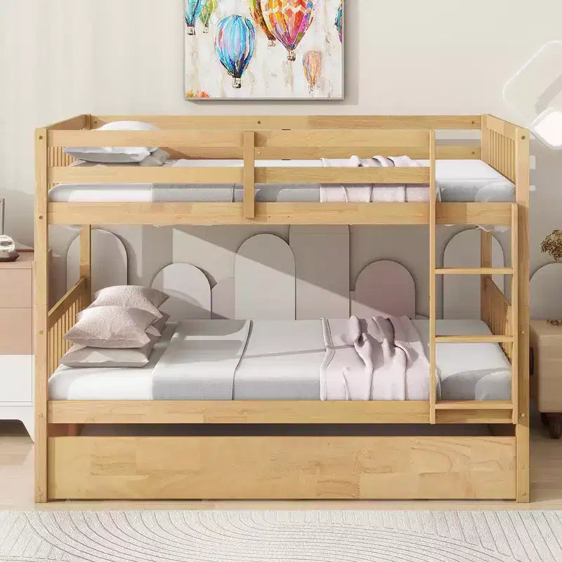 Etagenbett, Voll über Voll, Holzrahmen aus Kautschukholz, Schlafzimmermöbel für den Innenbereich, Umwandelbar in 2 separate Betten, Ausziehbares Rollbett – Natur