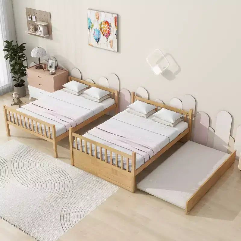 Etagenbett, Voll über Voll, Holzrahmen aus Kautschukholz, Schlafzimmermöbel für den Innenbereich, Umwandelbar in 2 separate Betten, Ausziehbares Rollbett – Natur