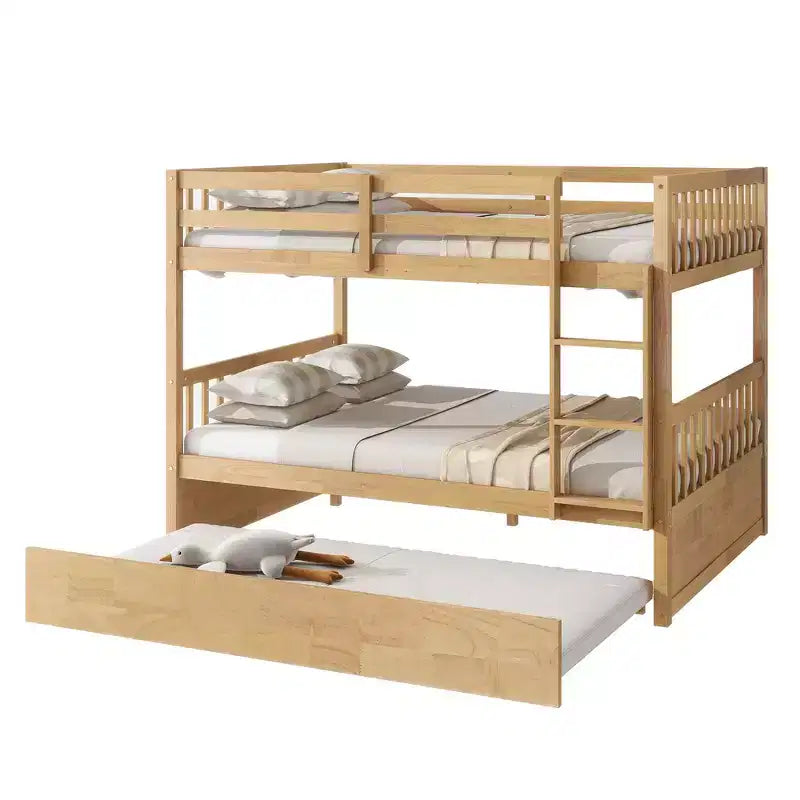 Etagenbett, Voll über Voll, Holzrahmen aus Kautschukholz, Schlafzimmermöbel für den Innenbereich, Umwandelbar in 2 separate Betten, Ausziehbares Rollbett – Natur