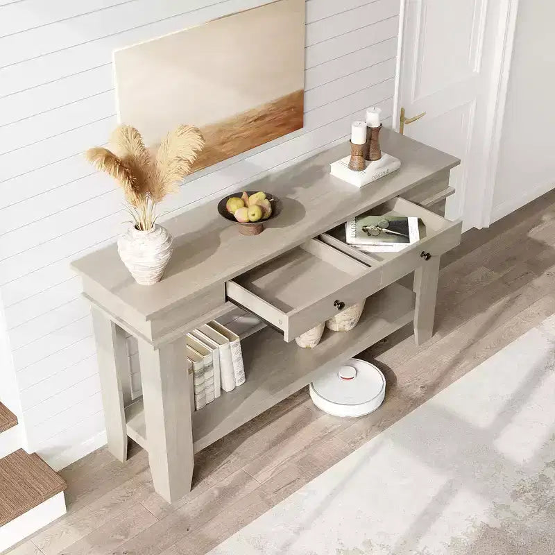Bauernhaus 54 Zoll langer Konsolentisch für den Eingangsbereich mit Schubladen, rechteckige Eingangstische aus Holz mit offenem Ablagefach, Sofatisch hinter dem Sofa, Foyer-Tisch